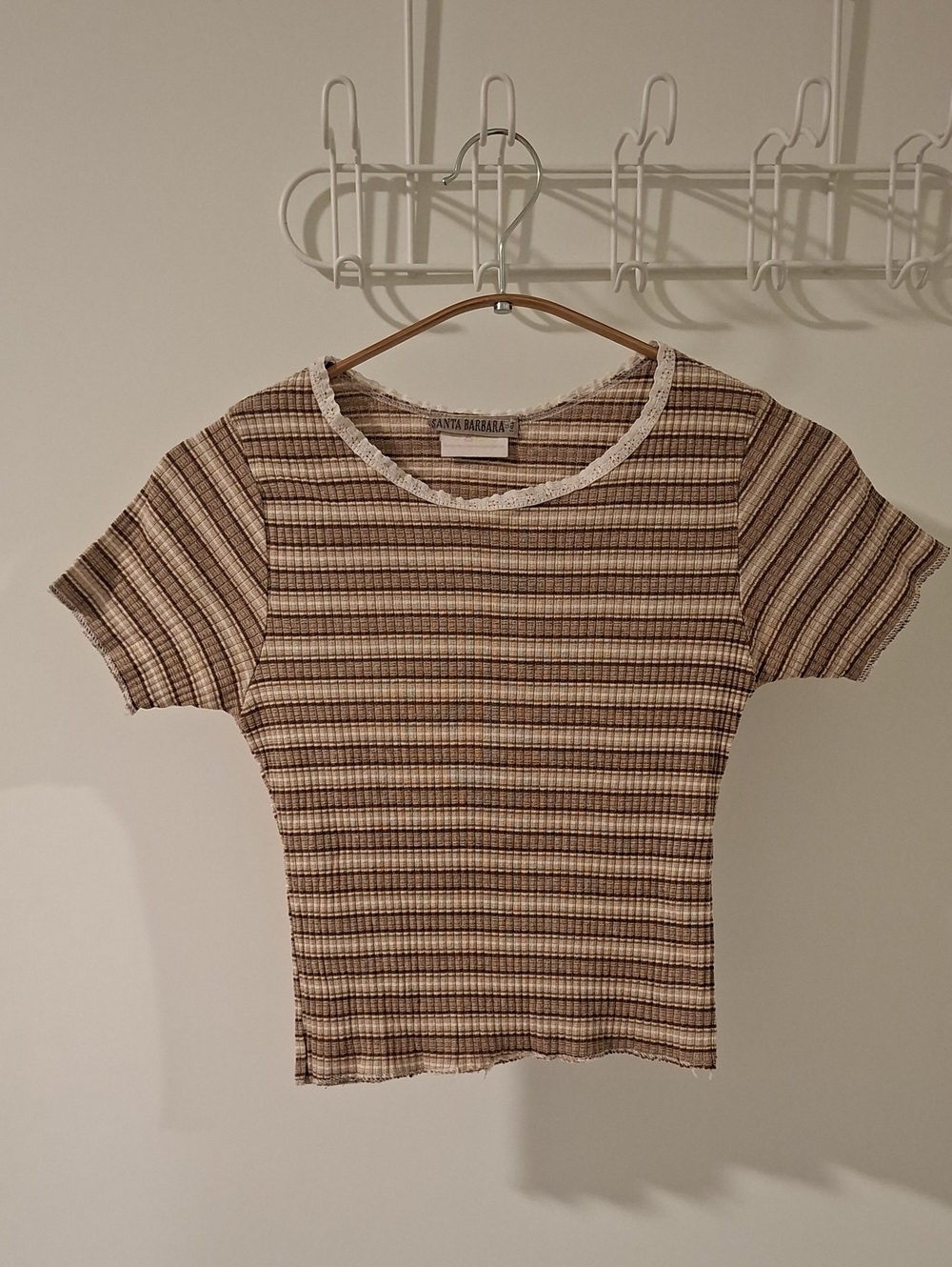 Vintage 90's/Y2K Brown & Tan Striped Cropped Baby Tee w/ Lace Trim (Size XS/S)